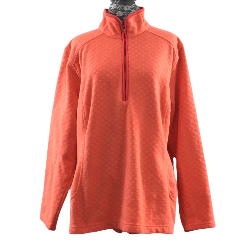 Land's End Orange Argyle Fleece Jacket Womens 1X 16W 18W Half Zip Coral Neon